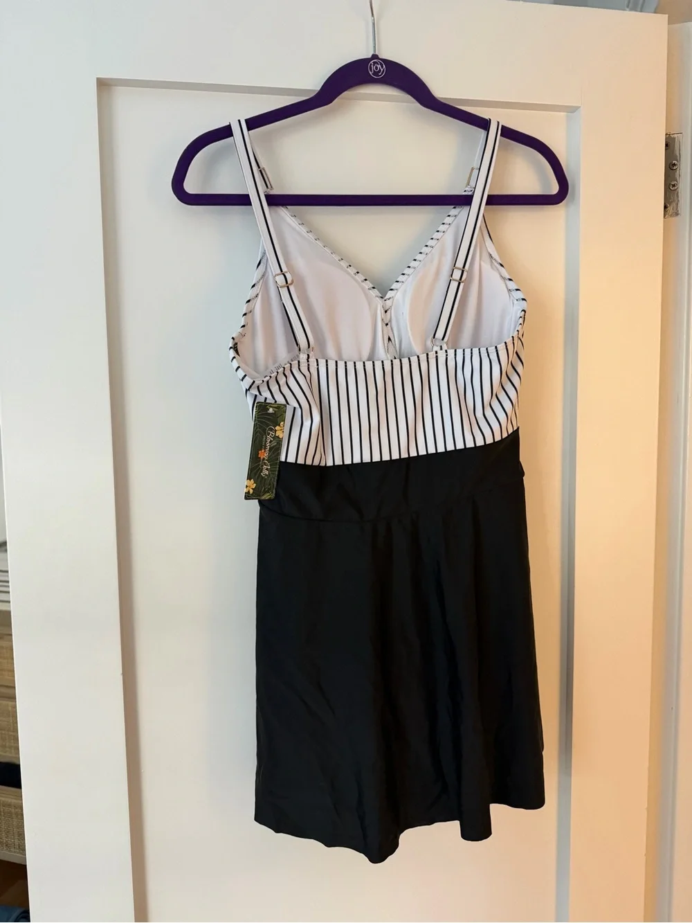 Striped V-Neck Swimdress with Black Skirt